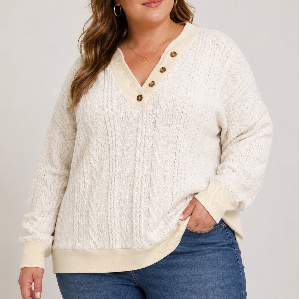 Weekend Suzanne Betro 3X Cable Knit Henley Sweater Ivory NWT Oversized Pullover